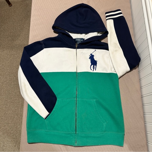 Polo by Ralph Lauren Full Zip Sweatshirt Green White Blue Boys Size L 14-16 - Picture 1 of 16